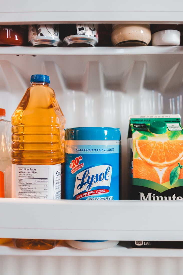 Assorted liquid products placed in fridge